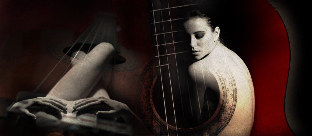 Ilustración sobre fotografía titulada “Con más alma” (2019), portada del disco Alma de Bolero de Pancho Delgado, guitarra clásica y figura humana en composición simétrica